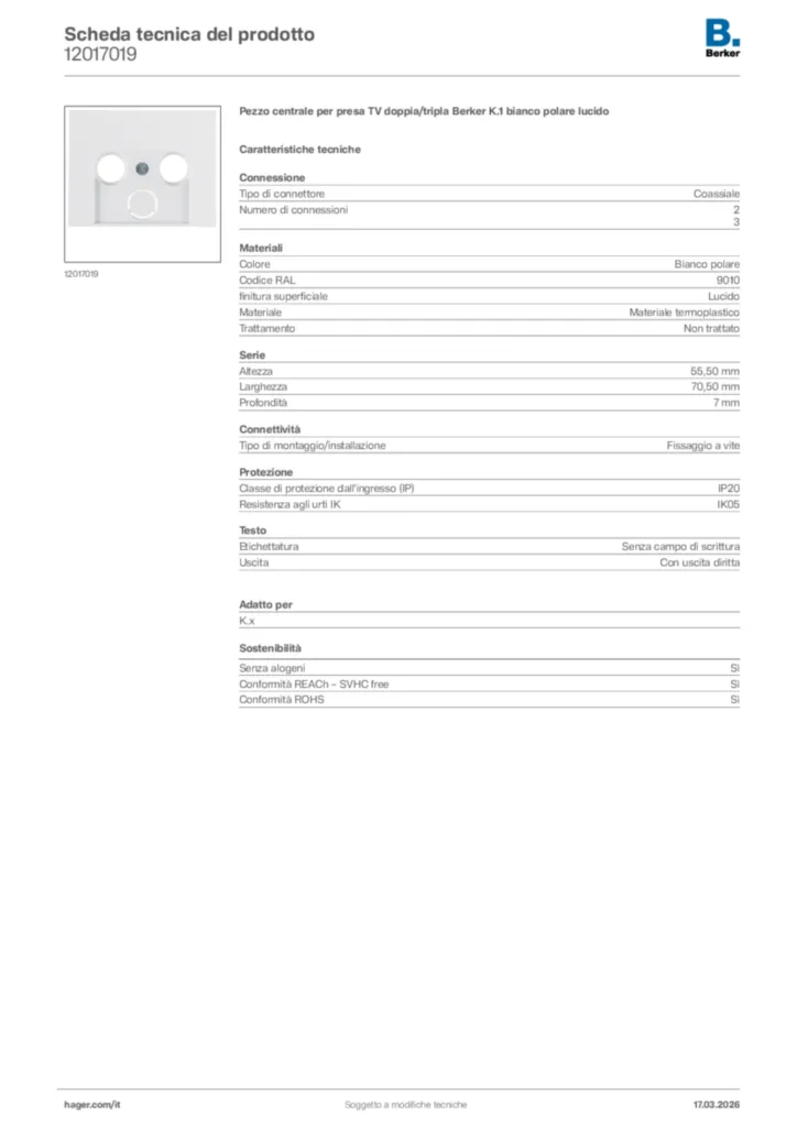 Immagine Berker Scheda tecnica del prodotto 12017019 | Hager Italia