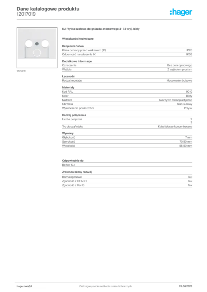 Zdjęcie Hager Karta katalogowa 12017019 | Hager Polska