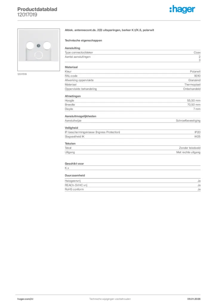 Afbeelding Hager Productdatablad 12017019 | Hager Nederland