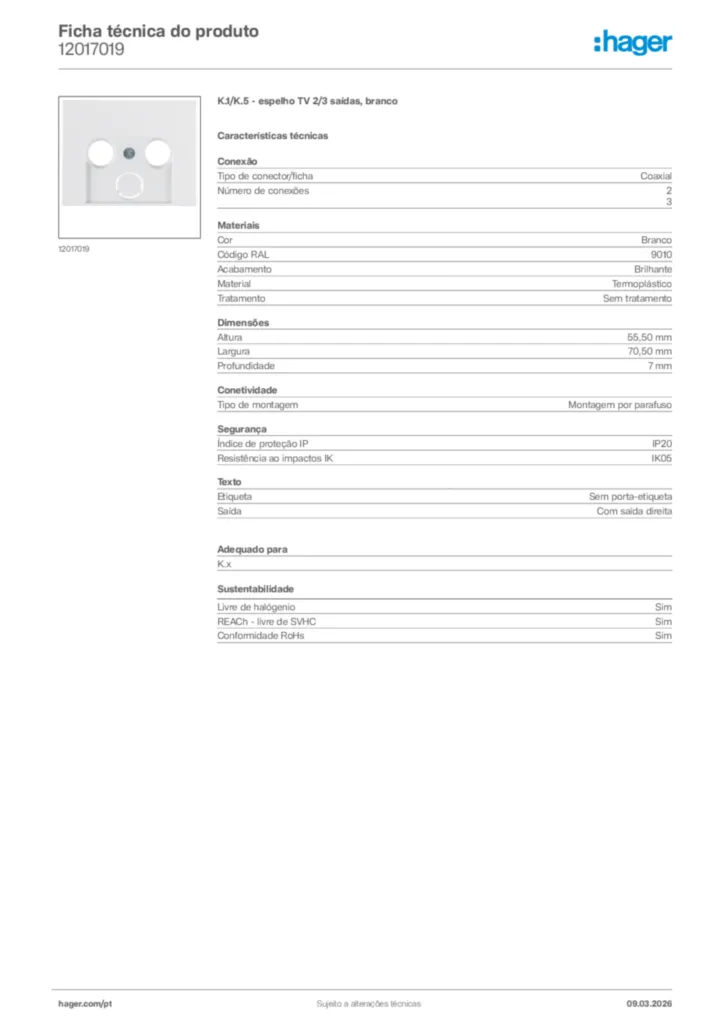 Imagem Hager Ficha técnica do produto 12017019 | Hager Portugal