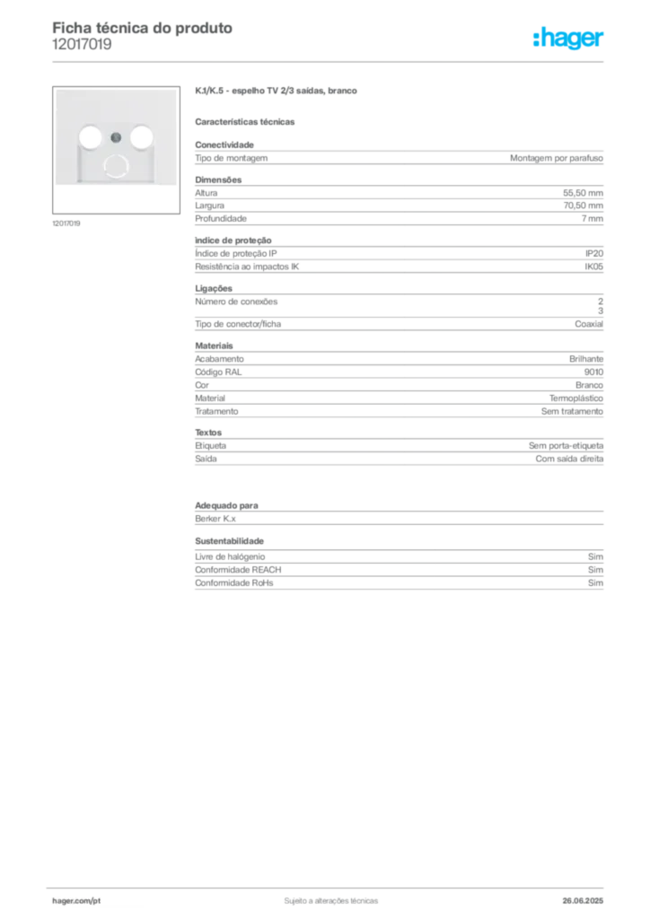 Imagem Hager Ficha técnica do produto 12017019 | Hager Portugal