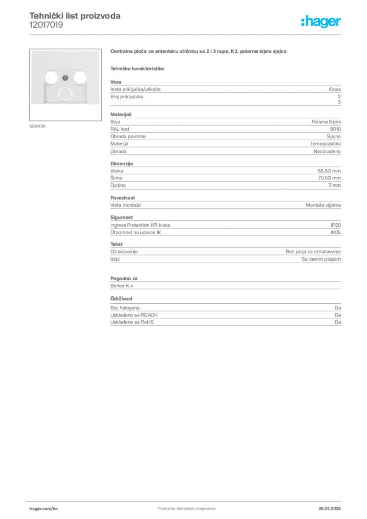 Slika Hager Product data sheet 12017019  | Hager