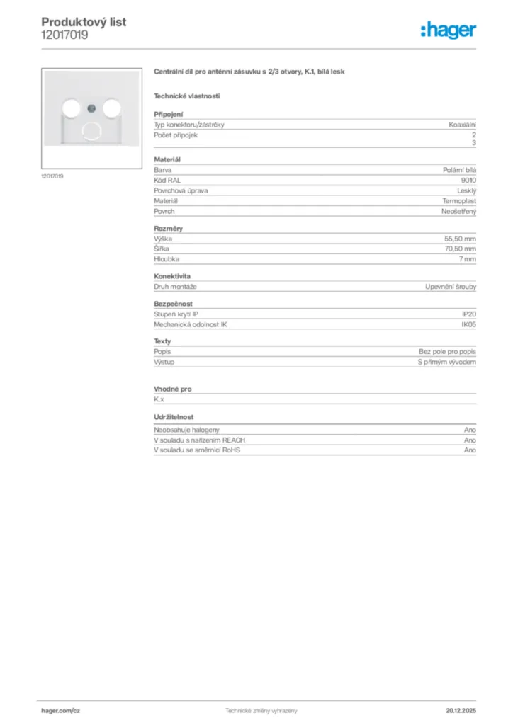 Obrázek Hager Produktový list 12017019 | Hager