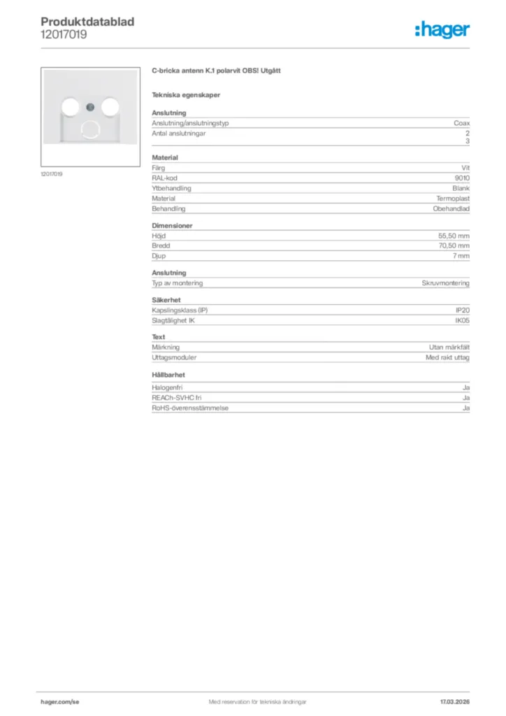 Bild Hager Produktdatablad 12017019 | Hager Sverige