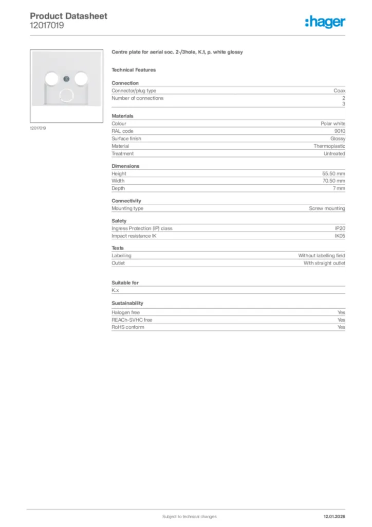 Image Hager Product data sheet 12017019  | Hager