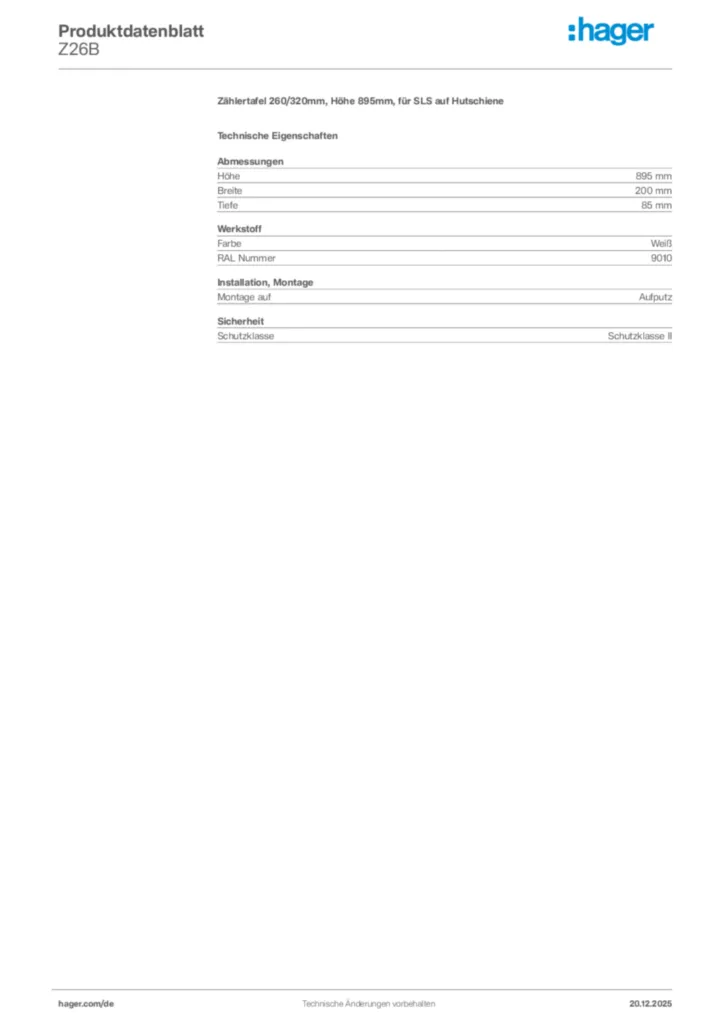 Bild Hager Produktdatenblatt Z26B | Hager Deutschland