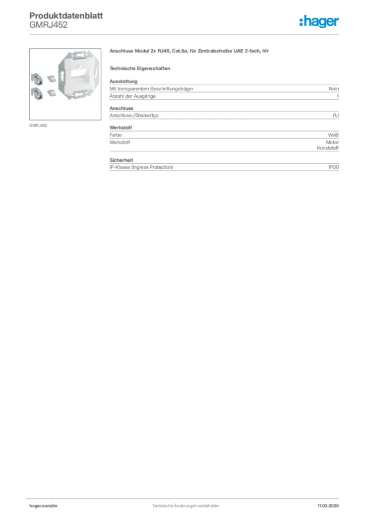 Bild Hager Produktdatenblatt GMRJ452 | Hager Deutschland
