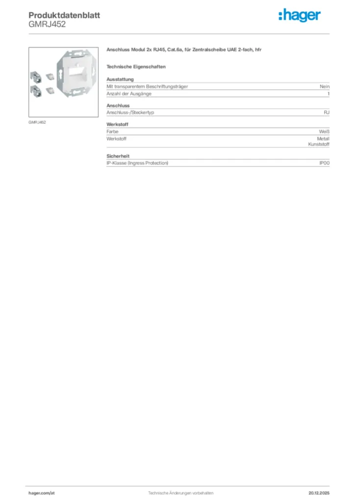Bild Hager Produktdatenblatt GMRJ452 | Hager Deutschland