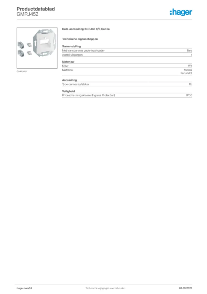 Afbeelding Hager Productdatablad GMRJ452 | Hager Nederland