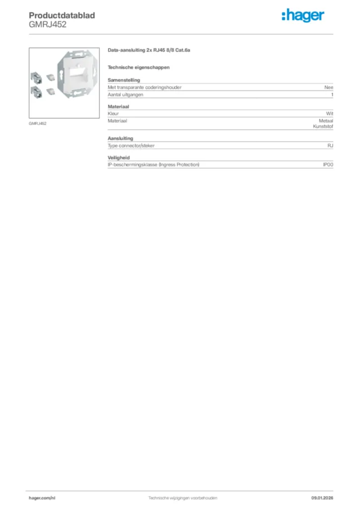 Afbeelding Hager Productdatablad GMRJ452 | Hager Nederland