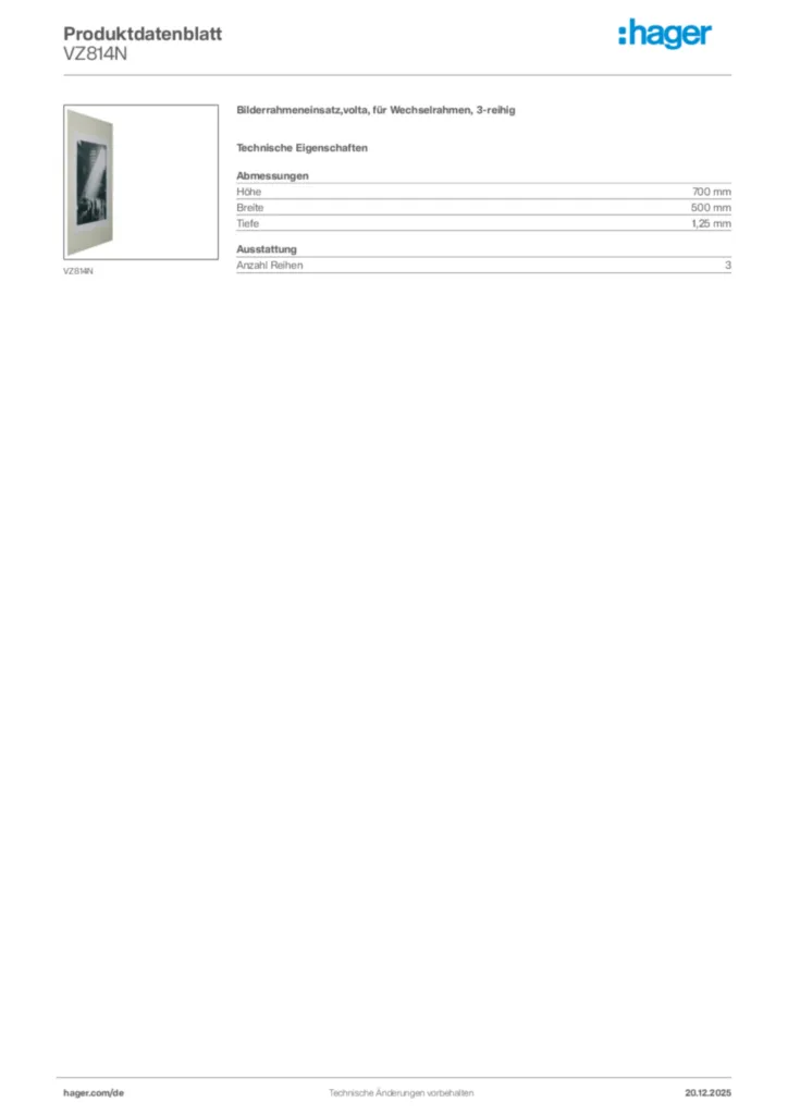 Bild Hager Produktdatenblatt VZ814N | Hager Deutschland