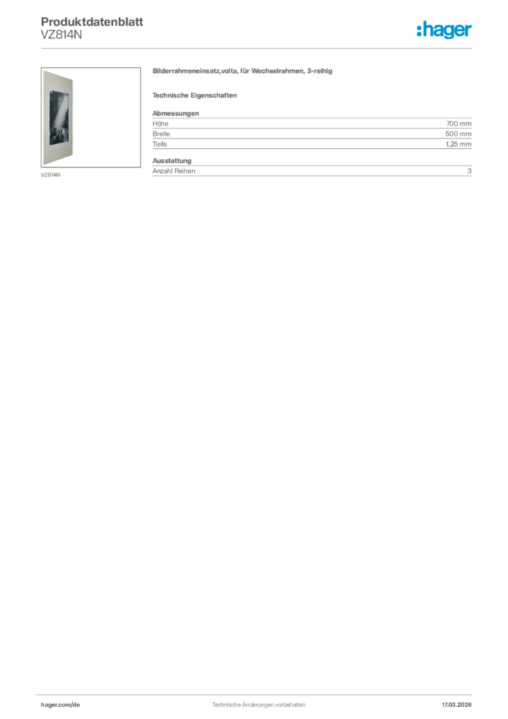 Bild Hager Produktdatenblatt VZ814N | Hager Deutschland