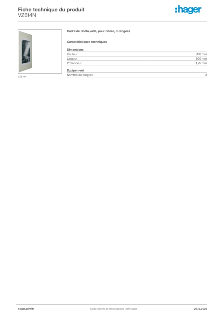 Image Hager Fiche technique du produit VZ814N | Hager France