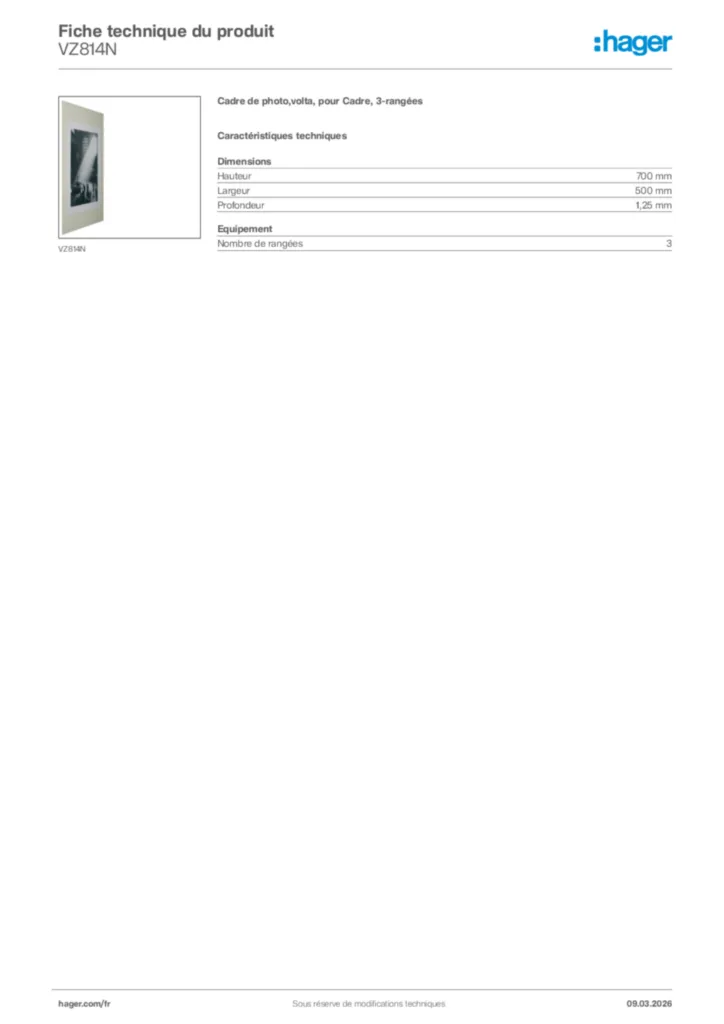 Image Hager Fiche technique du produit VZ814N | Hager France