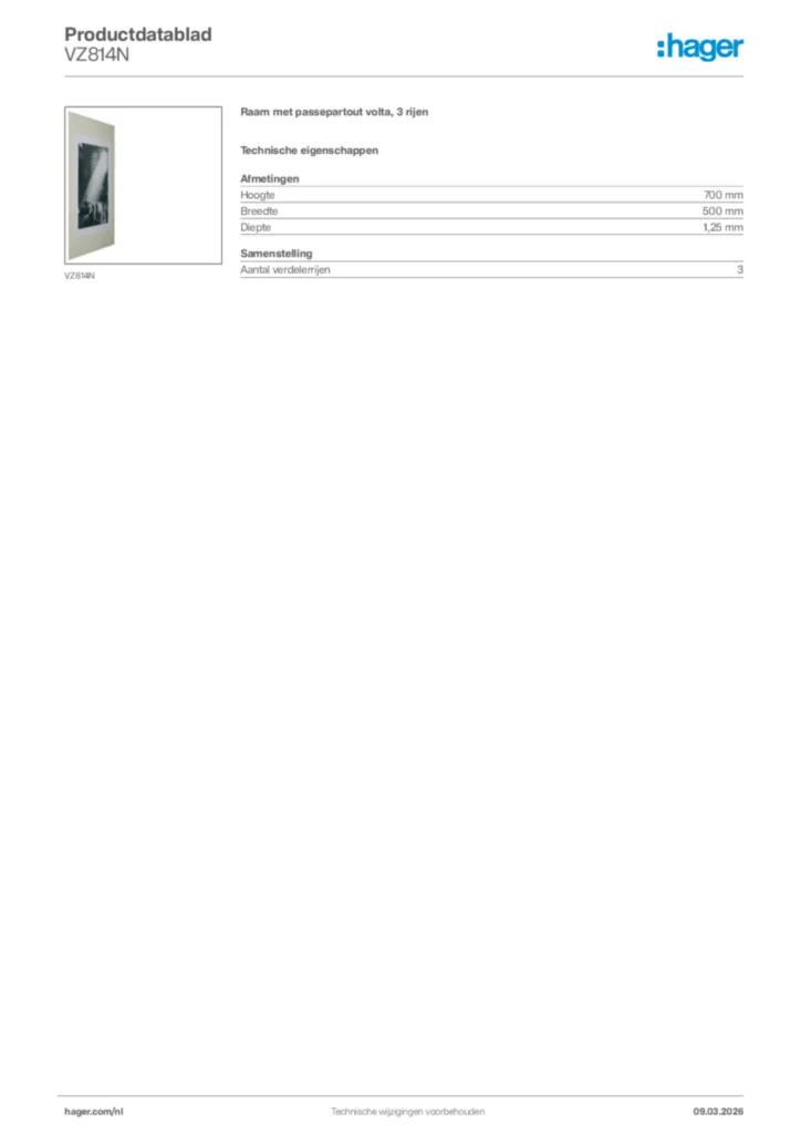 Afbeelding Hager Productdatablad VZ814N | Hager Nederland