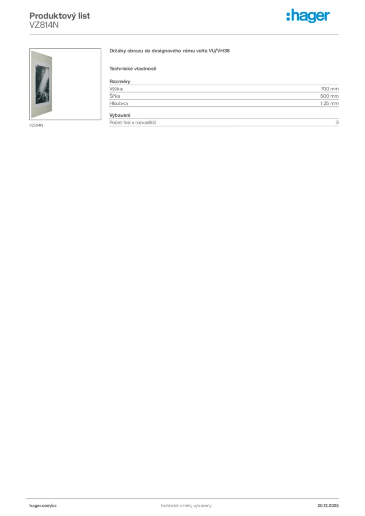 Obrázek Hager Produktový list VZ814N | Hager