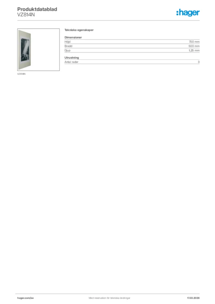 Bild Hager Produktdatablad VZ814N | Hager Sverige