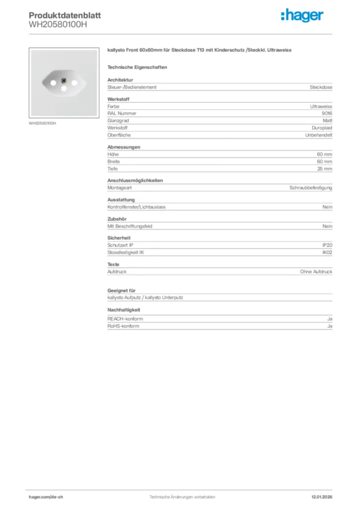 Bild Hager Produktdatenblatt WH20580100H | Hager Schweiz