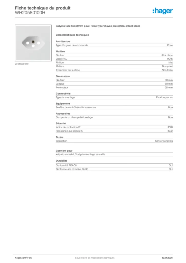 Image Hager Fiche technique du produit WH20580100H | Hager Suisse