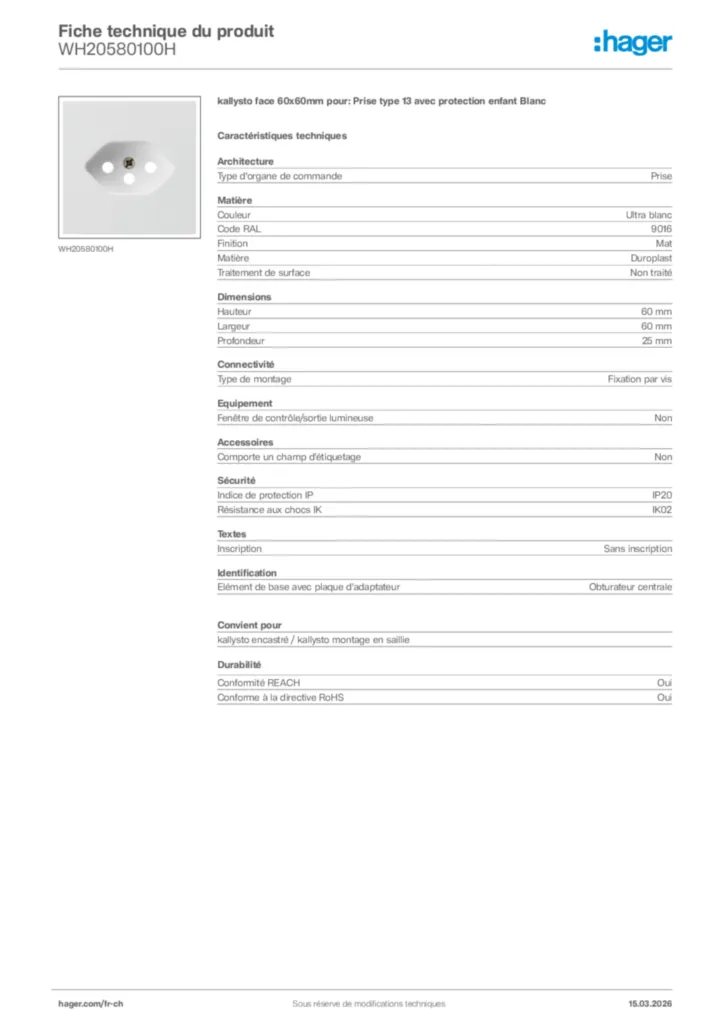 Image Hager Fiche technique du produit WH20580100H | Hager Suisse