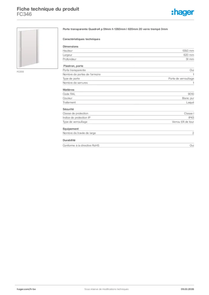 Image Hager Fiche technique du produit FC346 | Hager Belgique