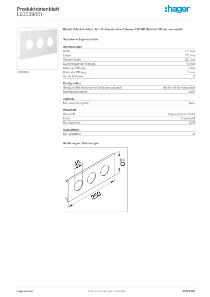 Bild Hager Produktdatenblatt L93039001 | Hager Deutschland