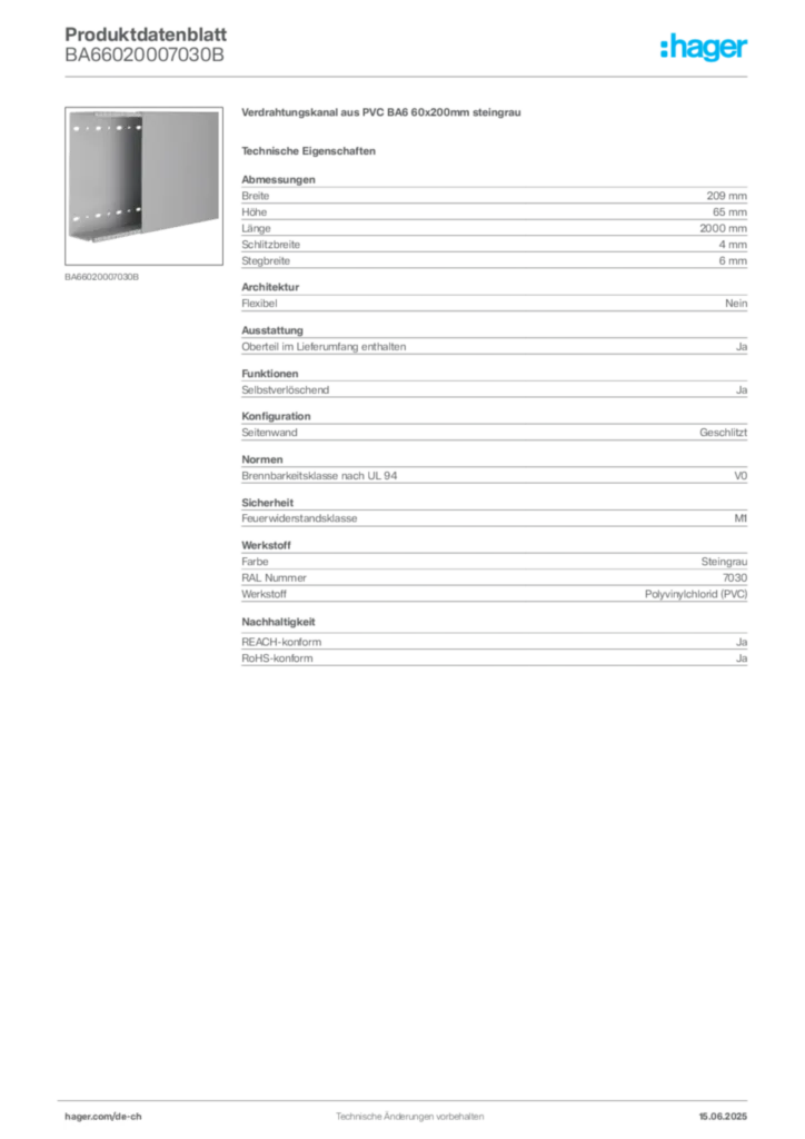 Bild Hager Produktdatenblatt BA66020007030B | Hager Schweiz