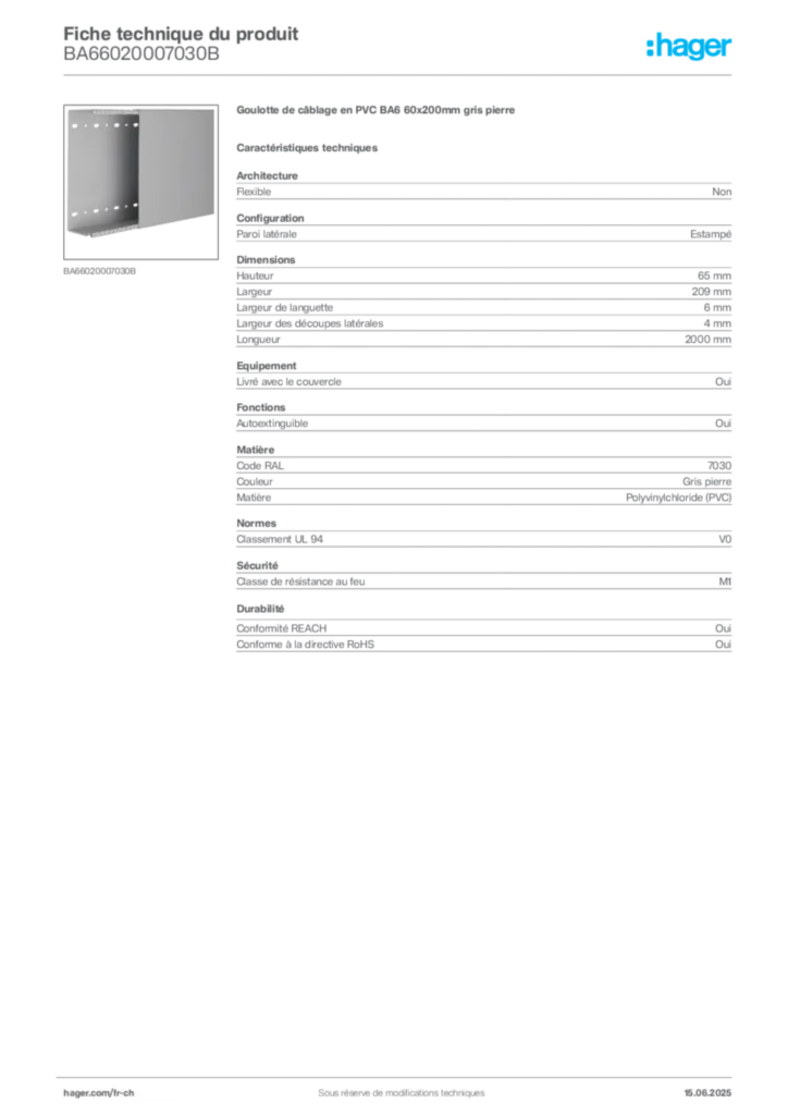 Image Hager Fiche technique du produit BA66020007030B | Hager Suisse