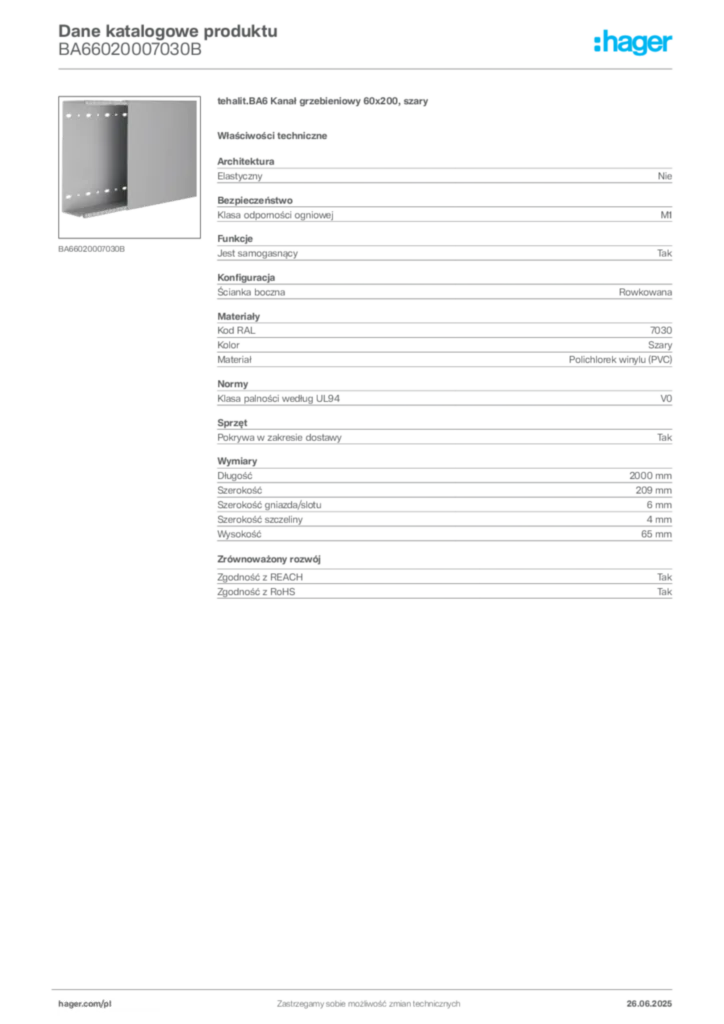 Zdjęcie Hager Karta katalogowa BA66020007030B | Hager Polska