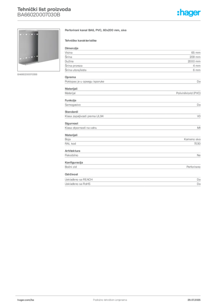 Slika Hager Product data sheet BA66020007030B  | Hager