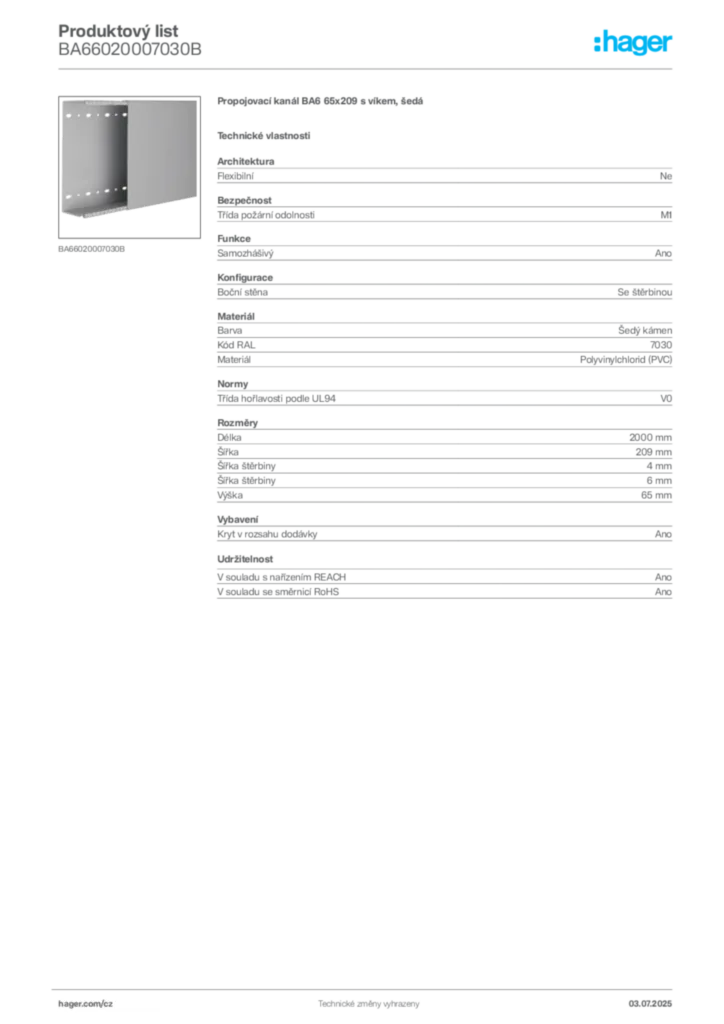 Obrázek Hager Produktový list BA66020007030B | Hager