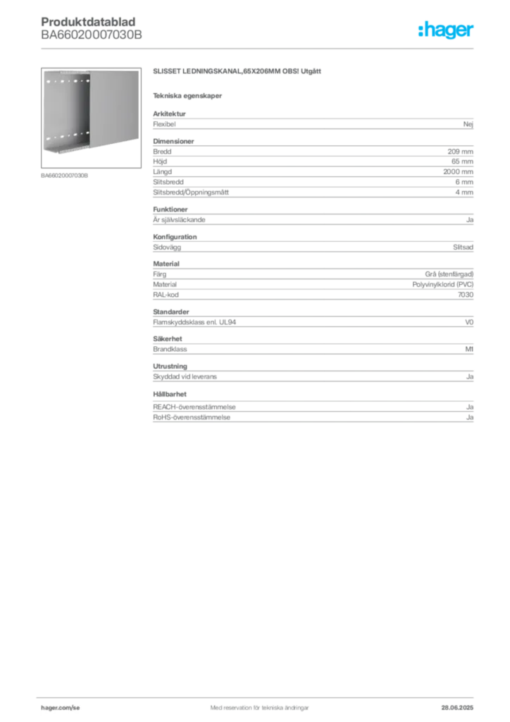 Bild Hager Produktdatablad BA66020007030B | Hager Sverige