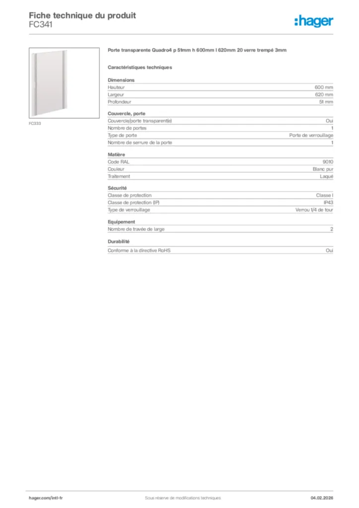 Image Hager Fiche technique du produit FC341 | Hager Afrique