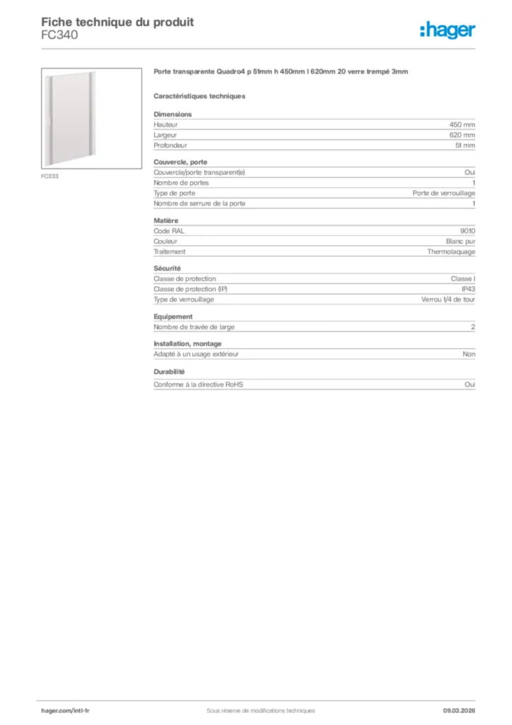 Image Hager Fiche technique du produit FC340 | Hager Afrique
