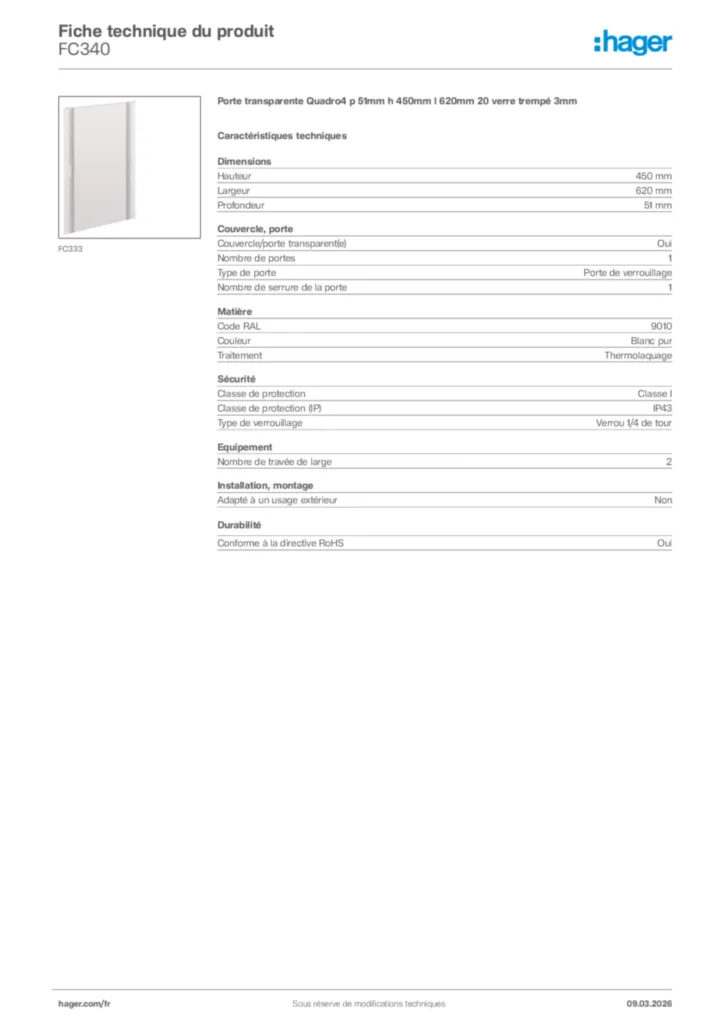 Image Hager Fiche technique du produit FC340 | Hager France