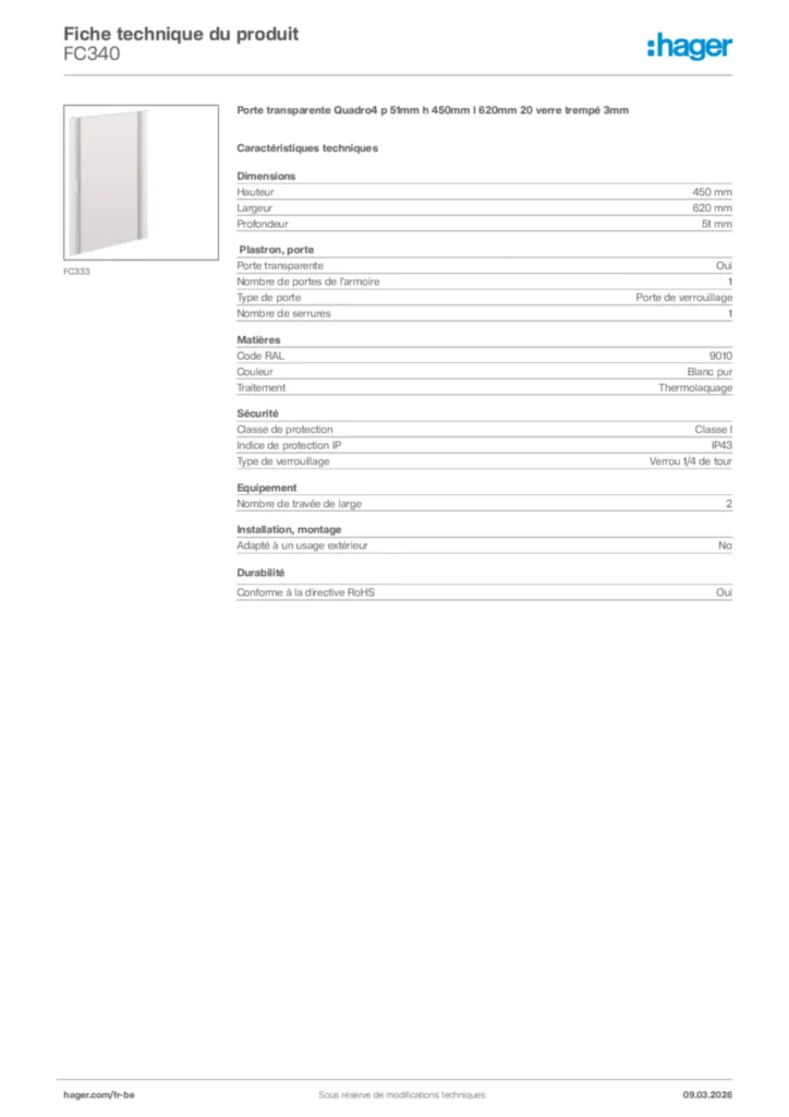 Image Hager Fiche technique du produit FC340 | Hager Belgique