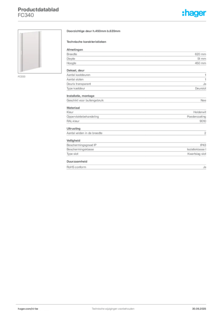 Afbeelding Hager Productdatablad FC340 | Hager Belgium
