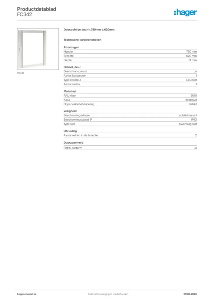 Afbeelding Hager Productdatablad FC342 | Hager Belgium