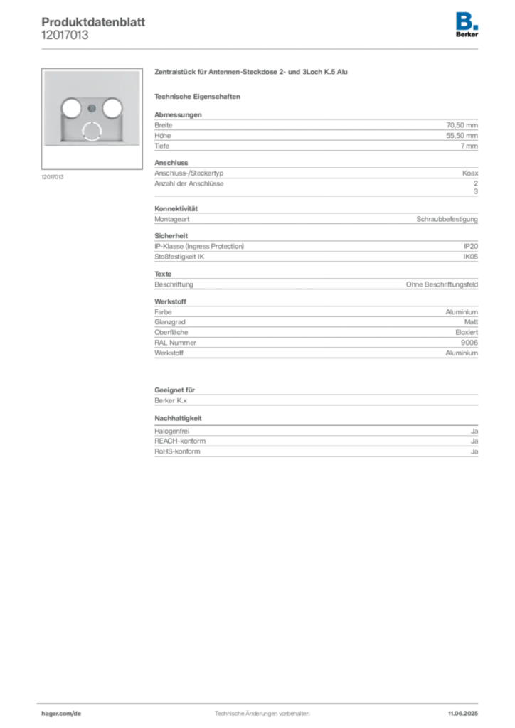 Bild Berker Produktdatenblatt 12017013 | Hager Deutschland