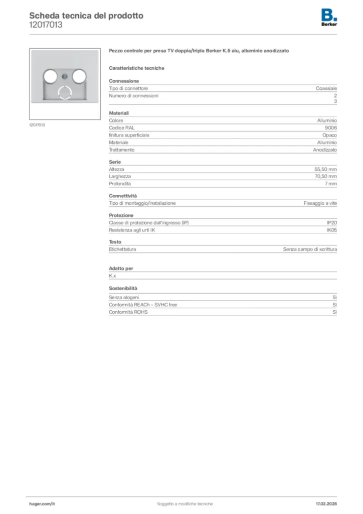 Immagine Berker Scheda tecnica del prodotto 12017013 | Hager Italia