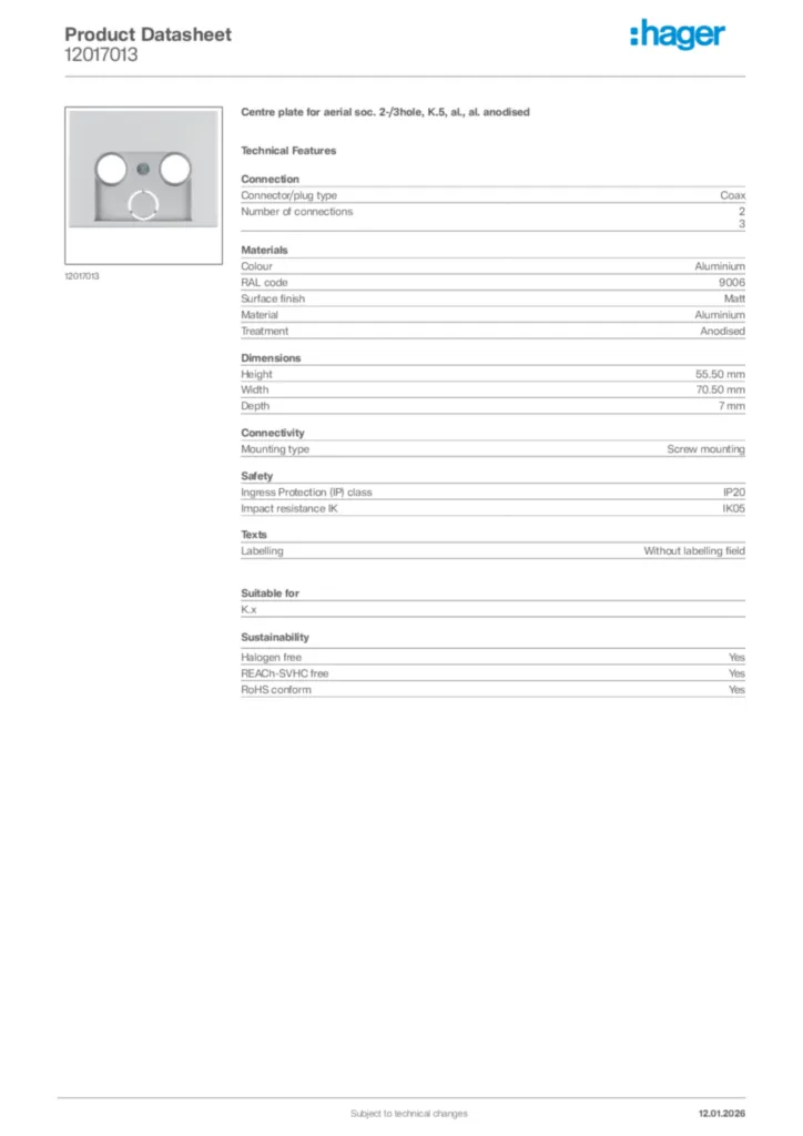 Image Hager Product data sheet 12017013  | Hager