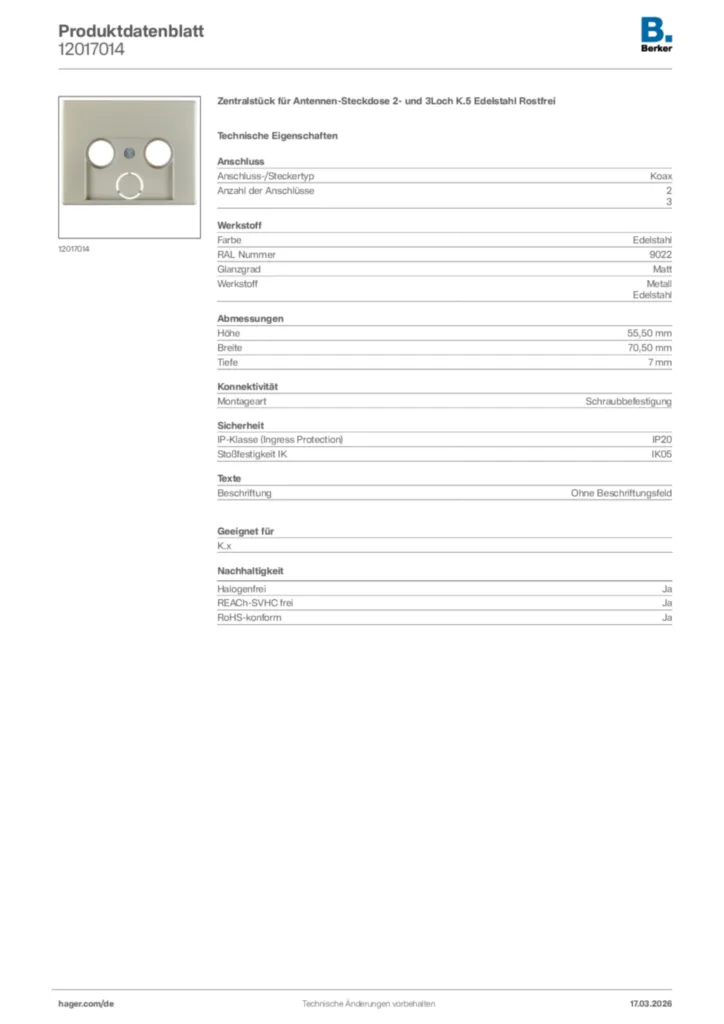 Bild Berker Produktdatenblatt 12017014 | Hager Deutschland