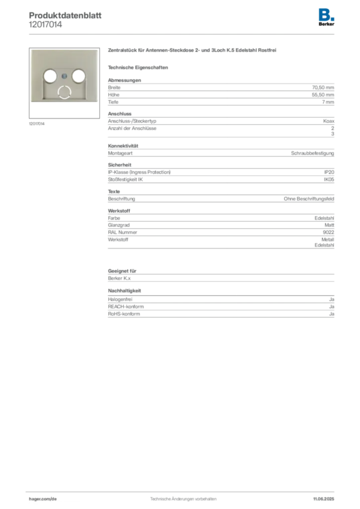 Bild Berker Produktdatenblatt 12017014 | Hager Deutschland