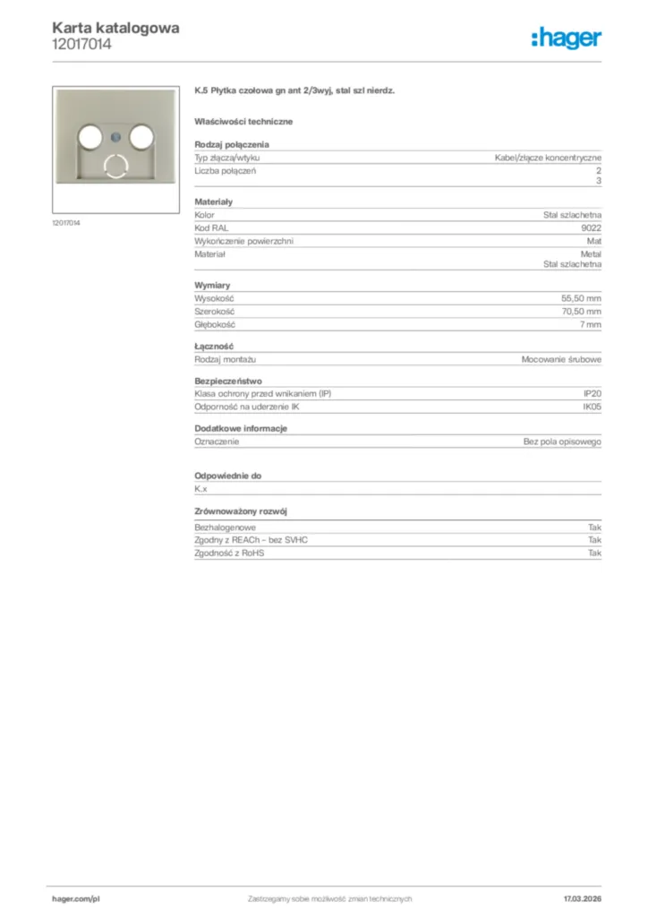 Zdjęcie Hager Karta katalogowa 12017014 | Hager Polska