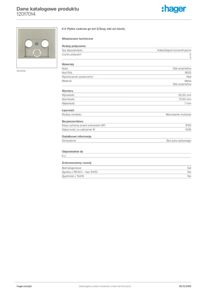 Zdjęcie Hager Karta katalogowa 12017014 | Hager Polska