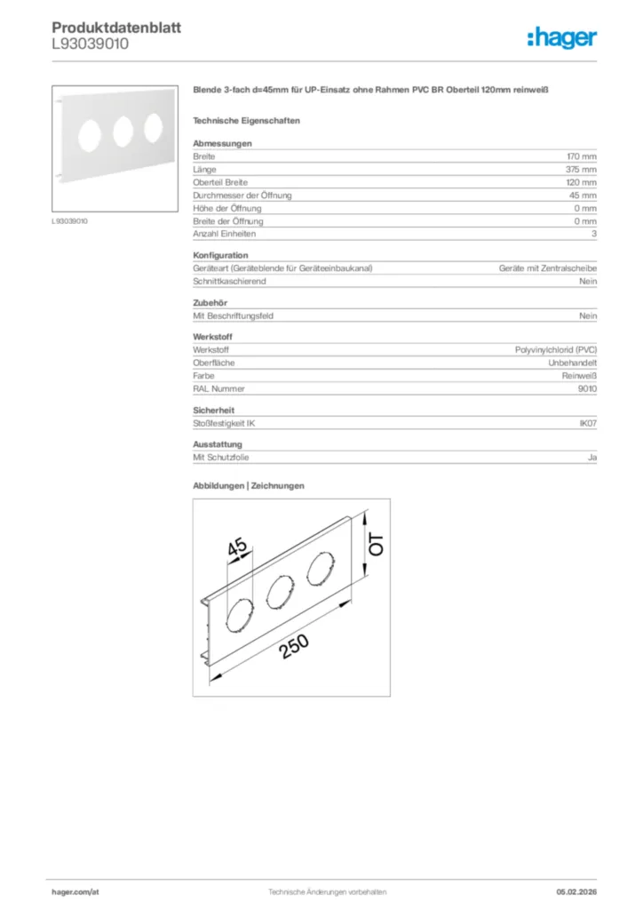 Bild Hager Produktdatenblatt L93039010 | Hager Deutschland