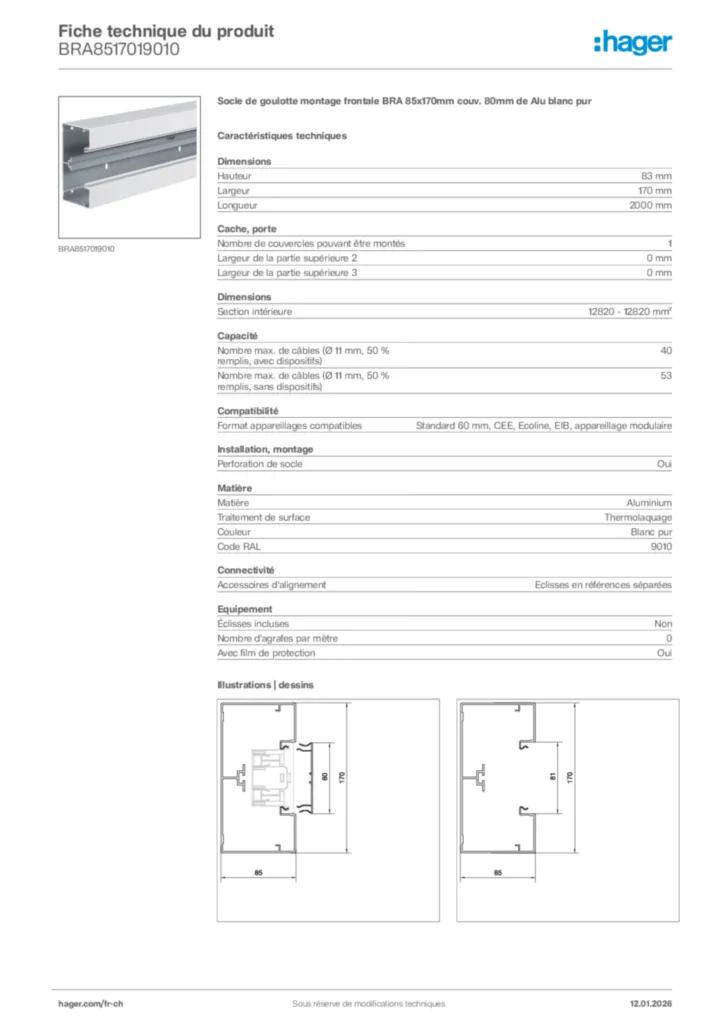 Image Hager Fiche technique du produit BRA8517019010 | Hager Suisse