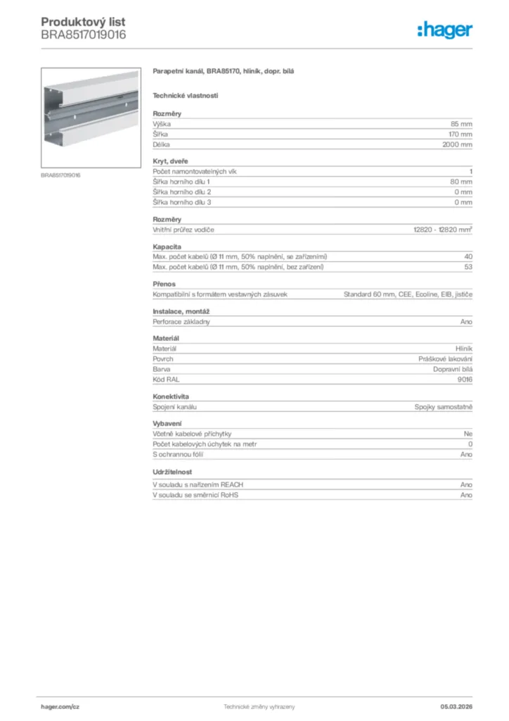 Obrázek Hager Product data sheet BRA8517019016 | Hager