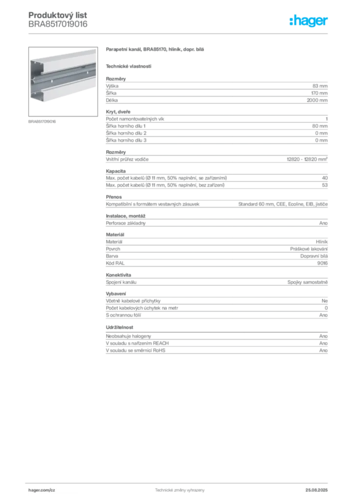 Obrázek Hager Produktový list BRA8517019016 | Hager