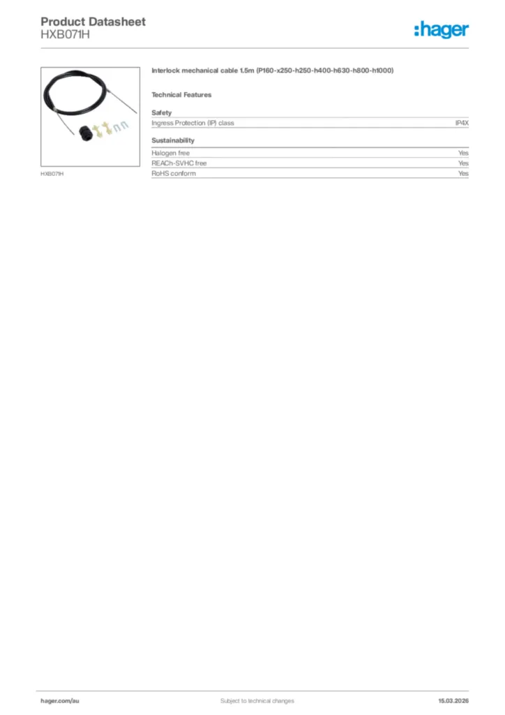 Image Hager Product data sheet HXB071H  | Hager Australia